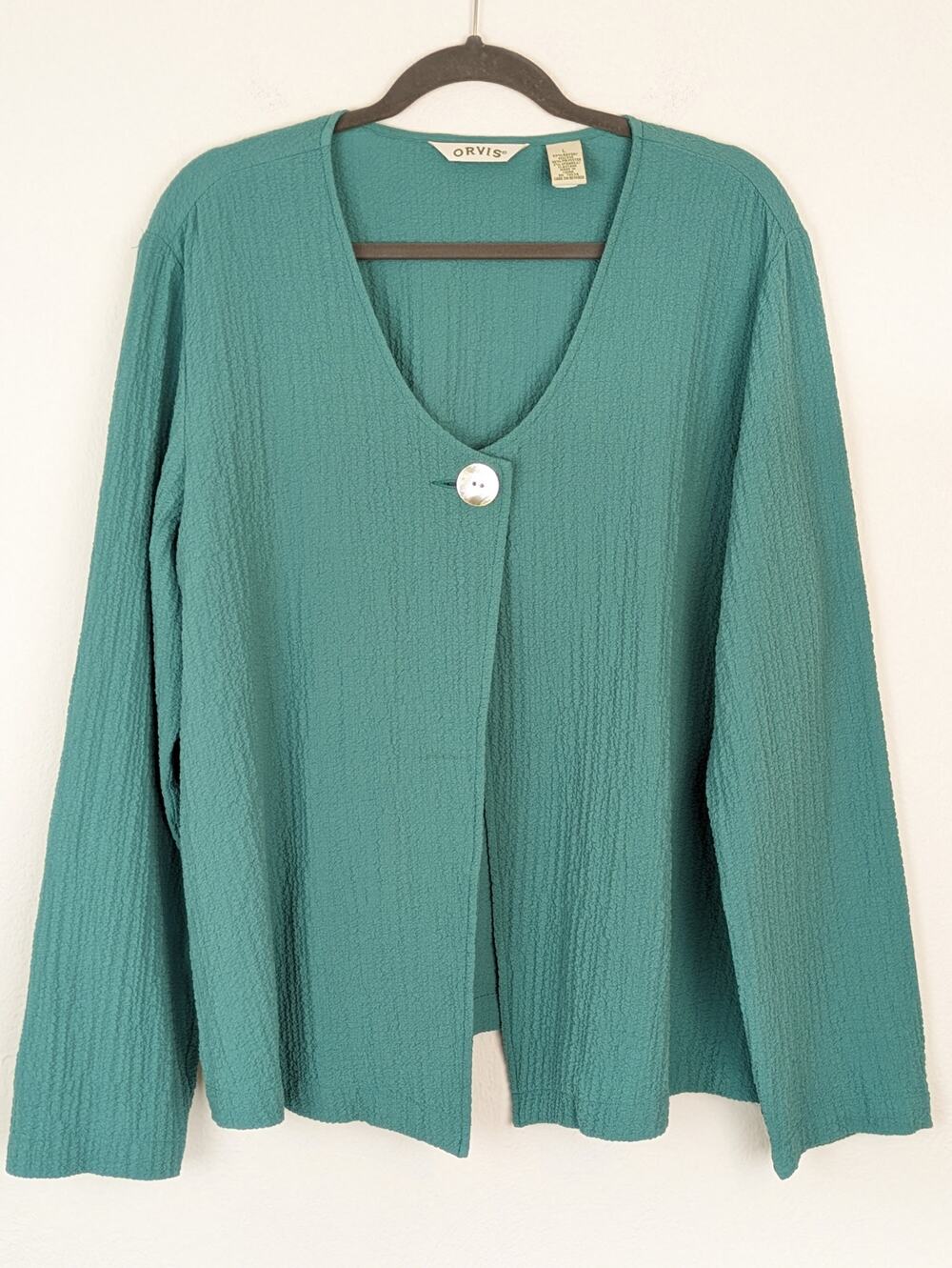Orvis Cardigan Sweater Gauzy Mother of Pearl Blue Green Size L